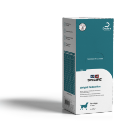 Boîtes fermées de 6 terrines Specific CRW-1 pour chien en surpoids.