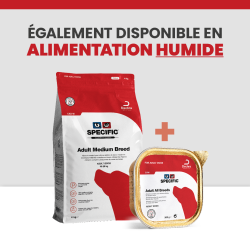 Une alimentation complète avec les croquettes et les terrines pour chien de race moyenne.