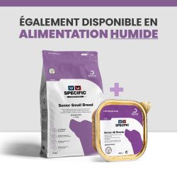 Une alimentation Specific complète avec les croquettes et les terrines pour chien senior de petite race.