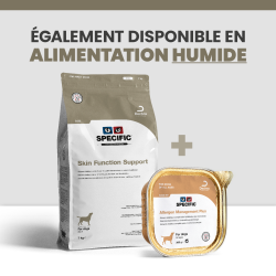 Une alimentation complète avec les croquettes et les terrines pour les problèmes de peau du chien.