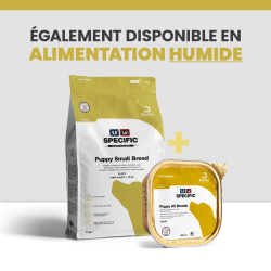 Une alimentation complète avec les croquettes et les terrines pour chiot de petite race.