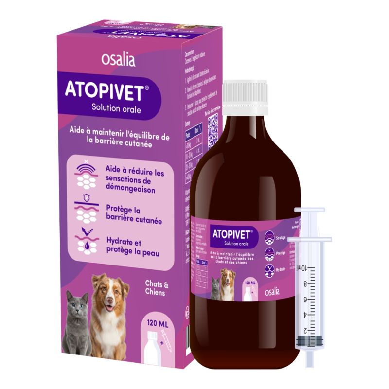 Solution buvable ATOPIVET pour les chiens et les chats avec une sensibilité à la peau.