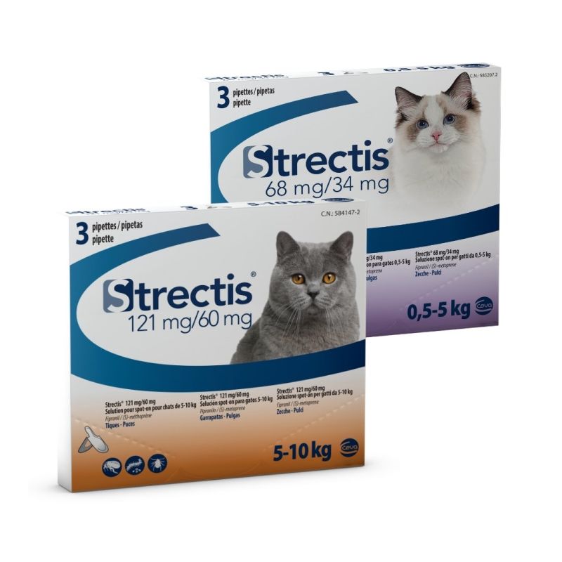 Pipettes antiparasitaires pour chat : élimine puces et tiques, bloque leur cycle de développement. Strectis