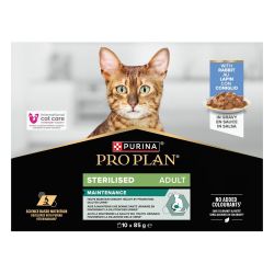 Côté face de la boîte de sachet gelée au lapin pour chat adult sterilisé Pro Plan Purina