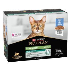 Côté gauche de la boîte de sachet gelée au lapin pour chat adult sterilisé Pro Plan Purina