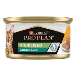 Côté face de la boîte de mousse au poulet pour chat adult delicate Pro Plan Purina