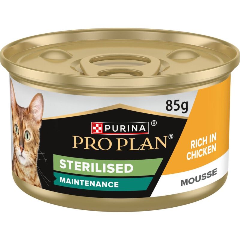 Face de la boîte et dessus de la boîte de mousse au poulet pour chat adult delicate Pro Plan Purina