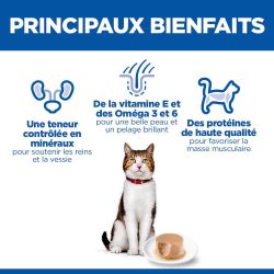 Principaux bienfaits de la mousse Hill's Science Plan Mature Adult 7+ : teneur contrôlée en minéraux, vitamine E, Oméga 3 et 6,