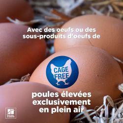 Avec des œufs ou des sous-produits d'œufs de poules élevées exclusivement en plein air.
