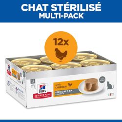 Multi pack de 12 boîtes de 85g de mousse Hill's Sterilised Adult au poulet